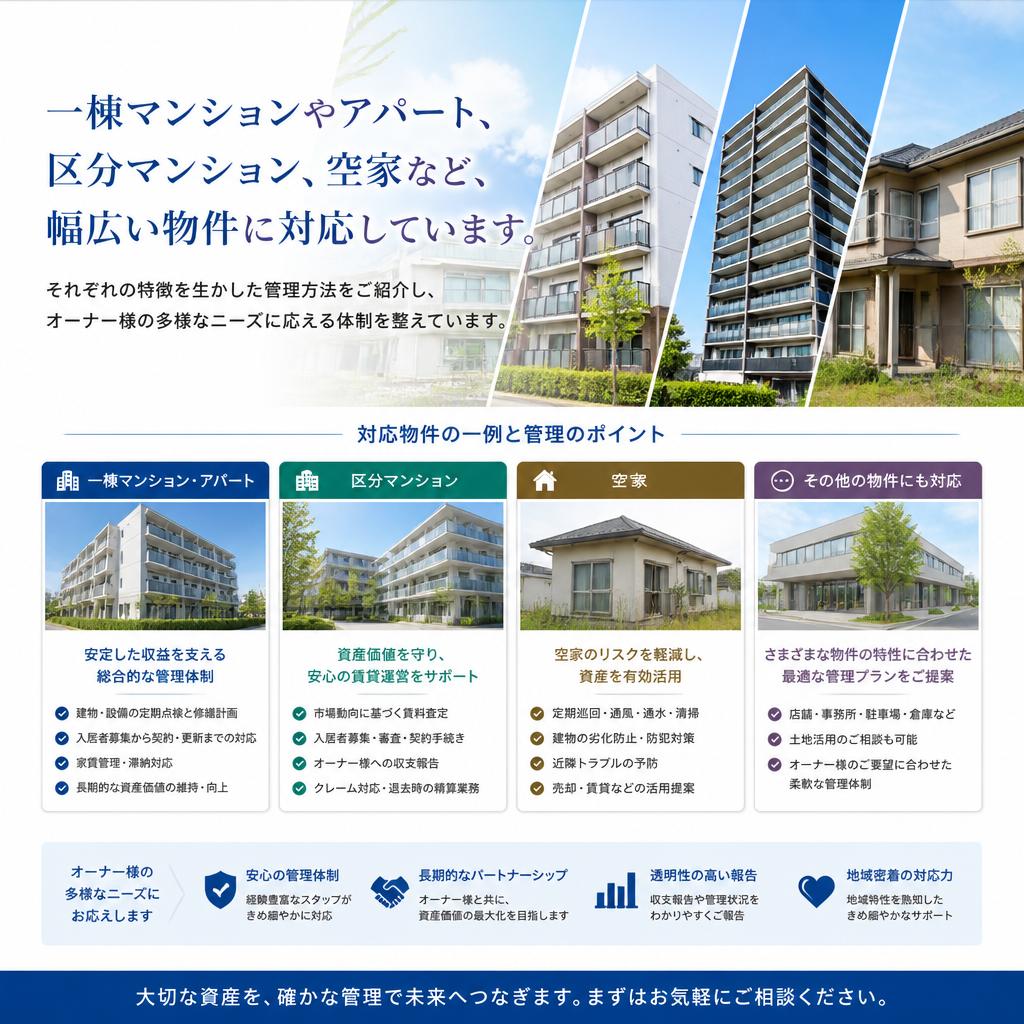 多様な物件に対応！一棟マンションから空家まで