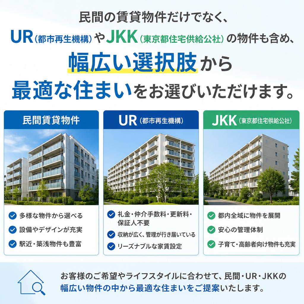 民間住宅からUR、JKKまで幅広い選択肢